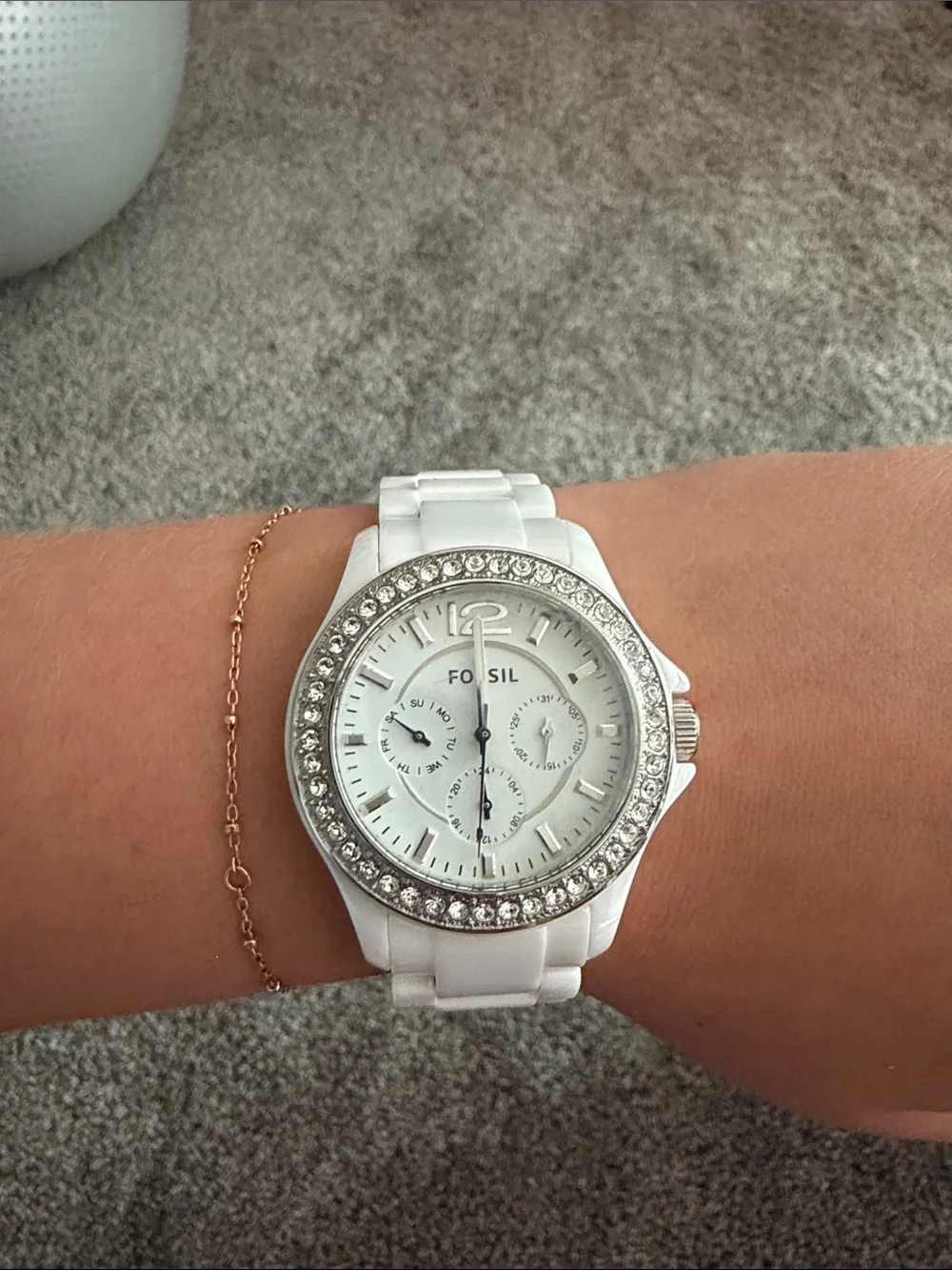 Fossil White Ceramic Watch with Crystal Bezel